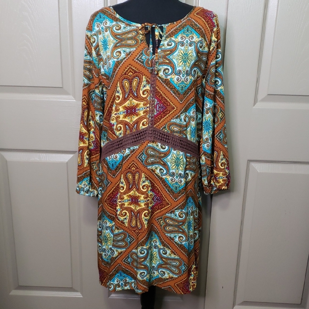 NWT C Charming Charlie Floral Paisley Crochet Long Sleeve Boho Dress Size XL